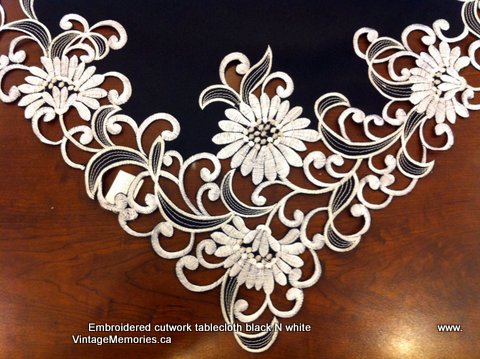 embroidered cutwork tablecloth blk white